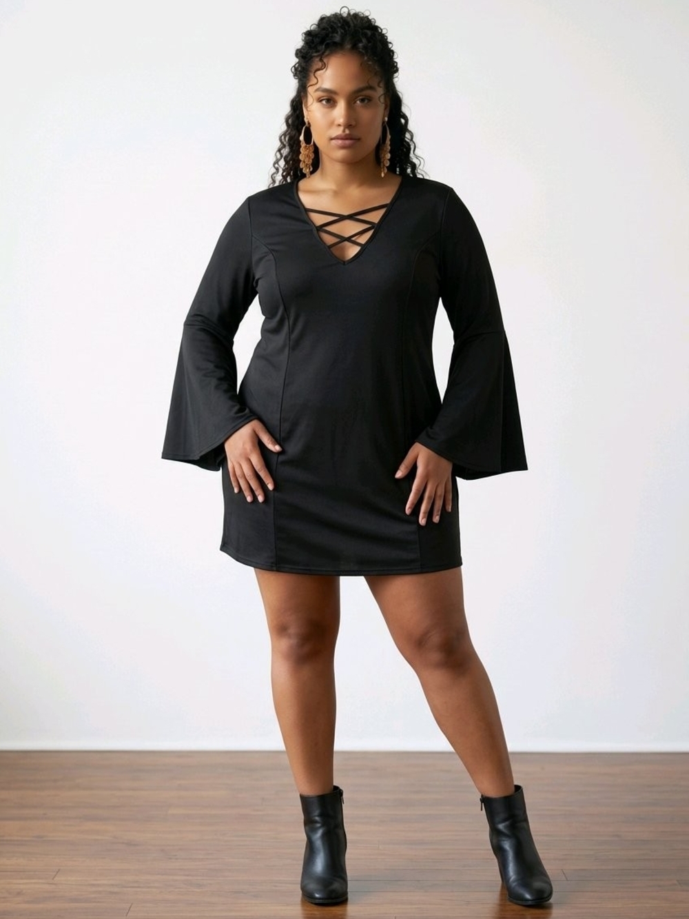 Boutique Black Crisscross Bell Sleeve Mini Dress Plus Size 2X
